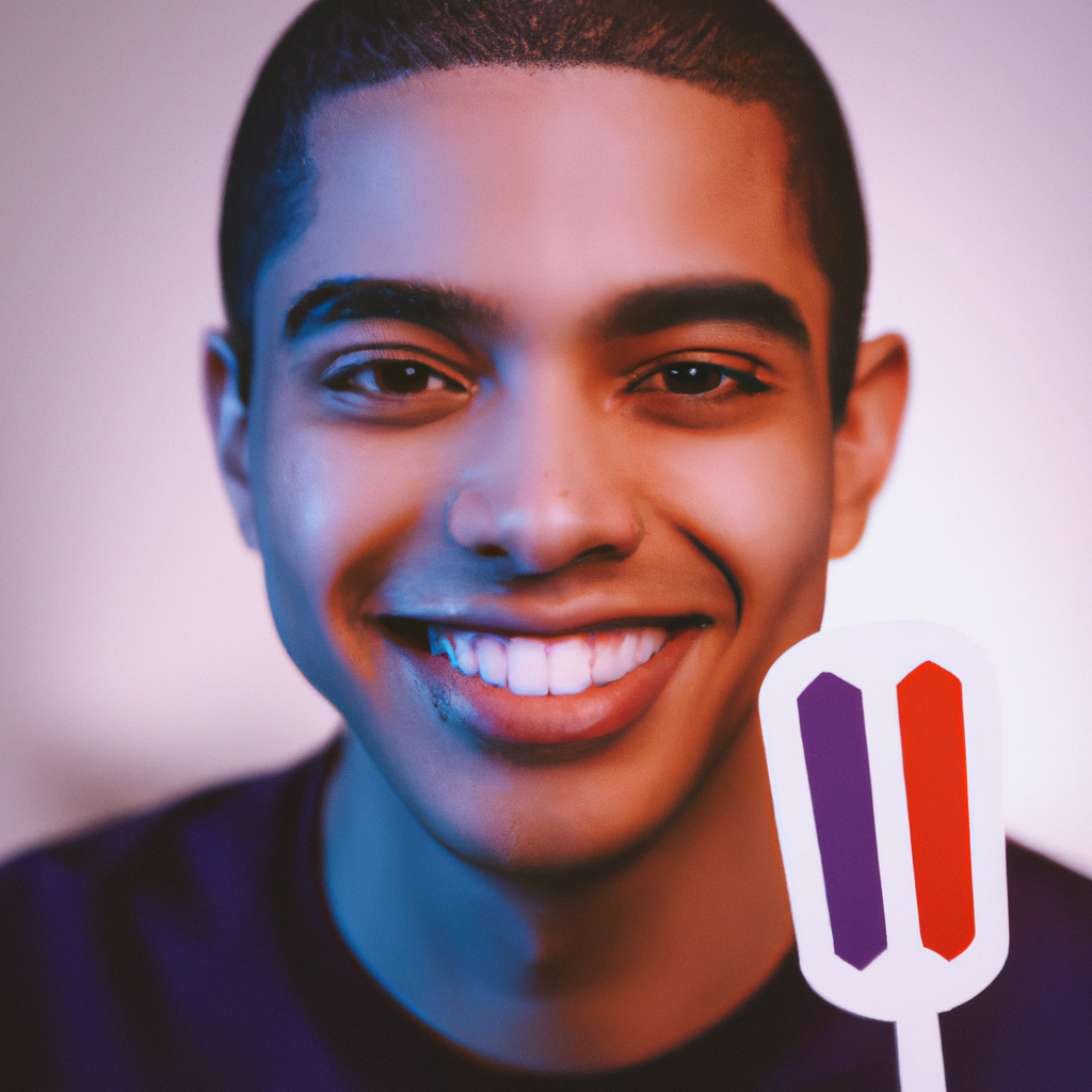 Portrait: smiling person with trail badges overlay